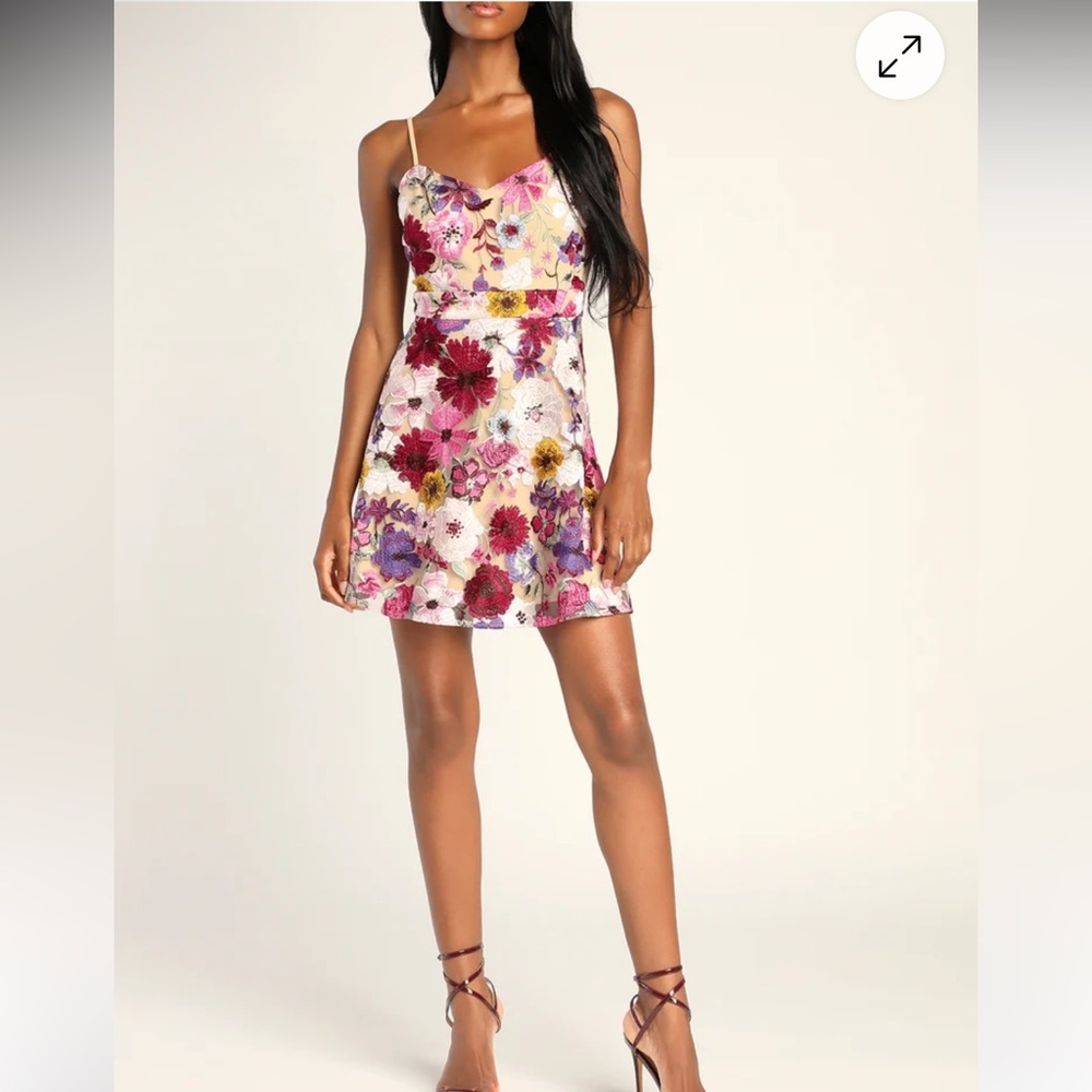 Garden Grandeur Beige Floral Embroidered A-Line Mini Dress Floral Spaghetti Lulu